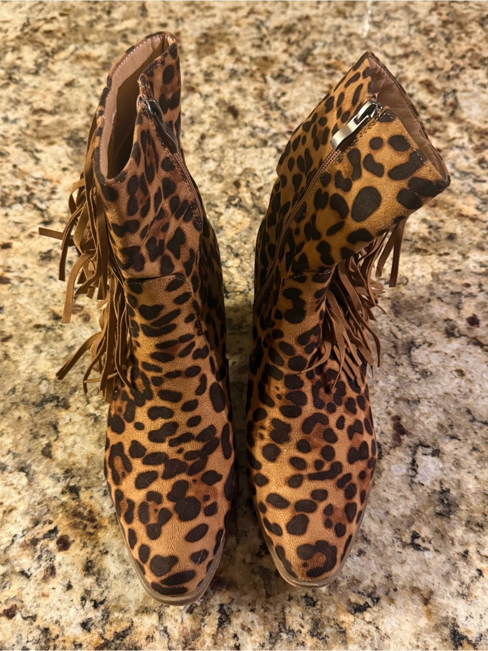 Leopard Print Fringe Ankle Boots - Taupe/Brown